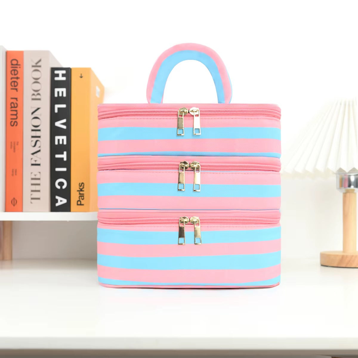 Striped Makeup Multi-Zipper Bag *PRE ORDER*