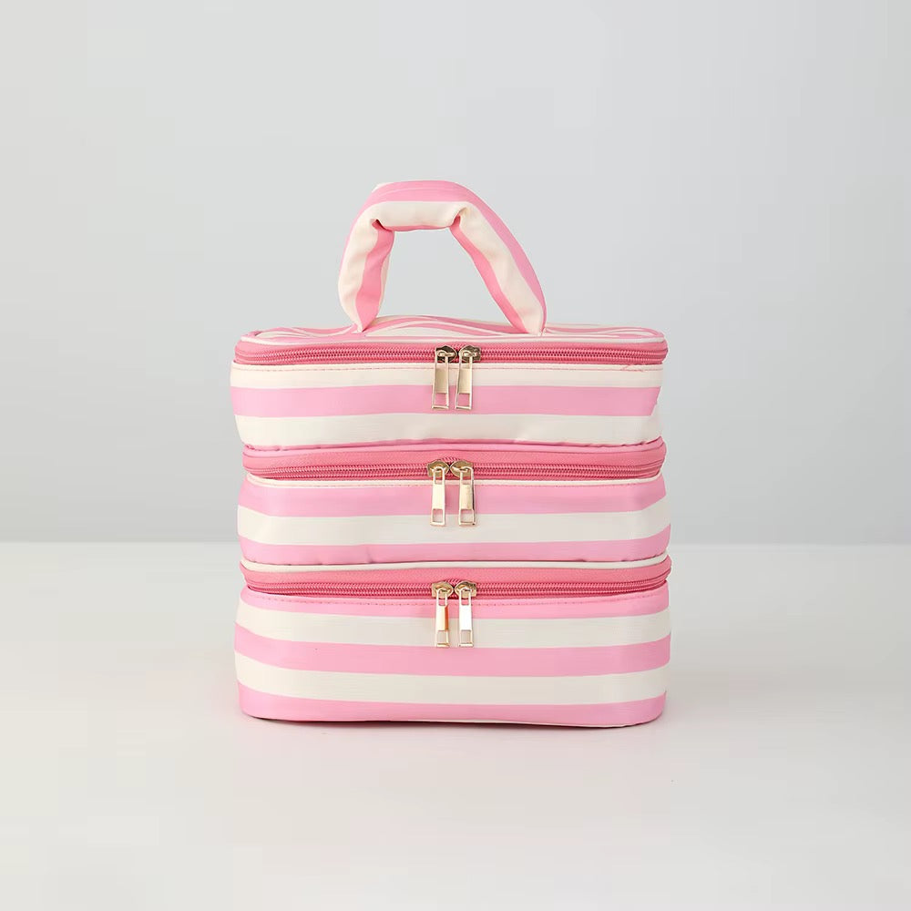Striped Makeup Multi-Zipper Bag *PRE ORDER*
