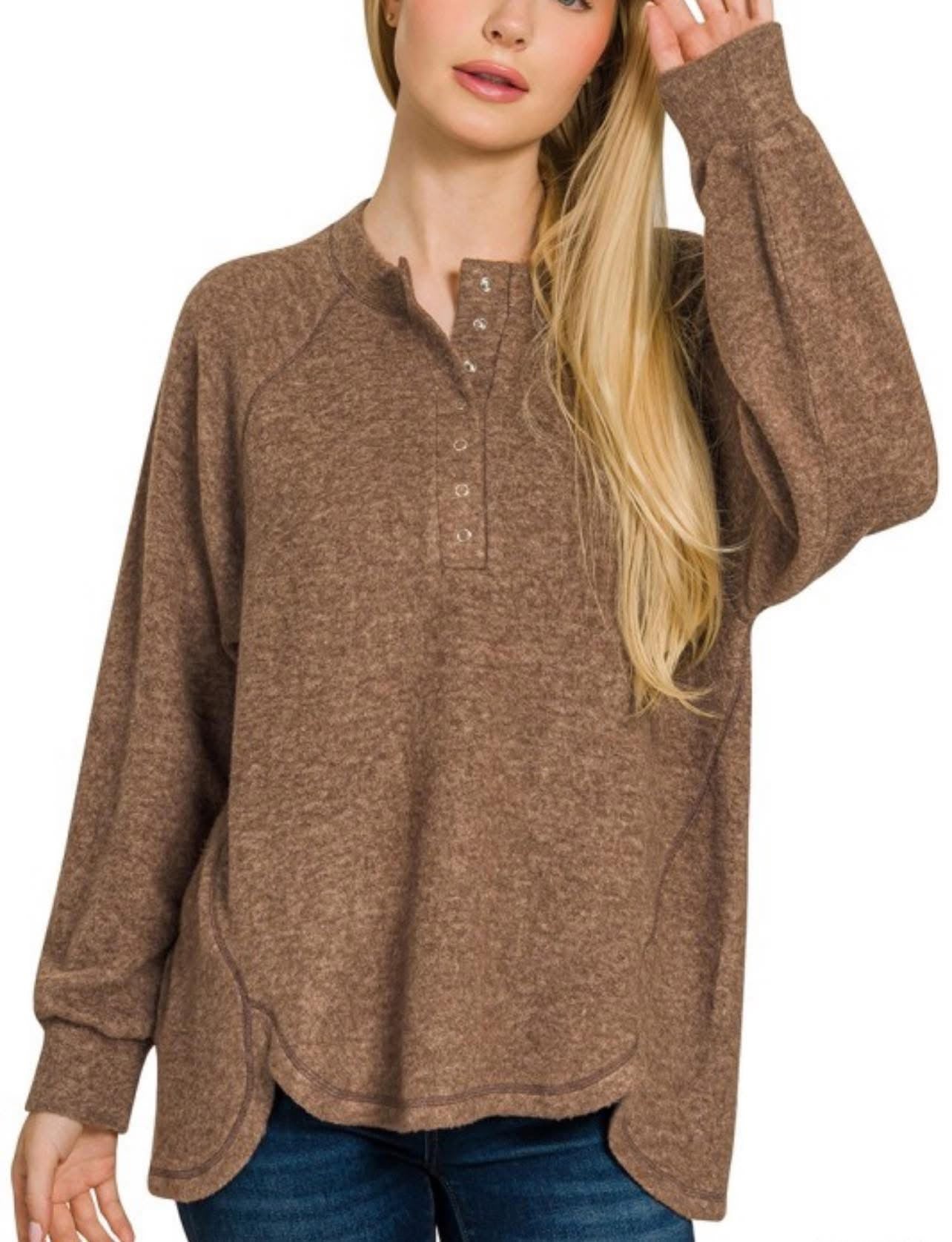 Brushed Melange Hacci Oversized Henley Sweater