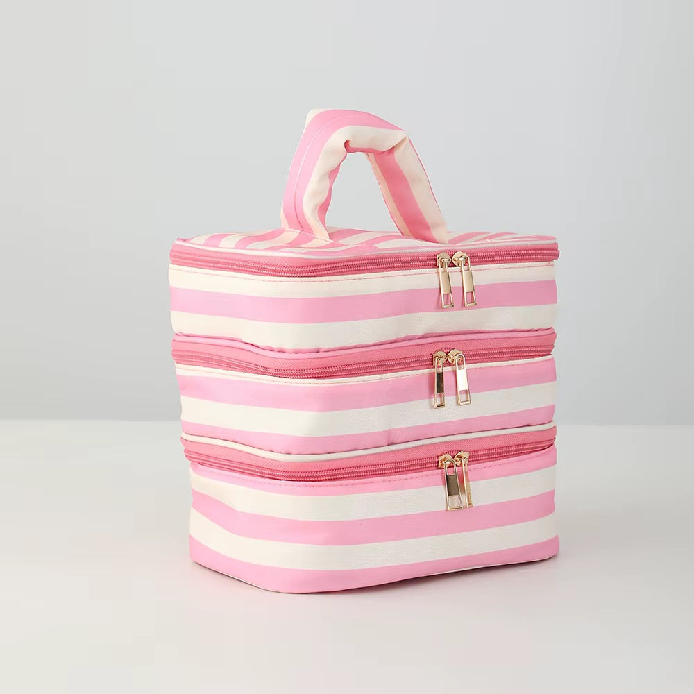 Striped Makeup Multi-Zipper Bag *PRE ORDER*