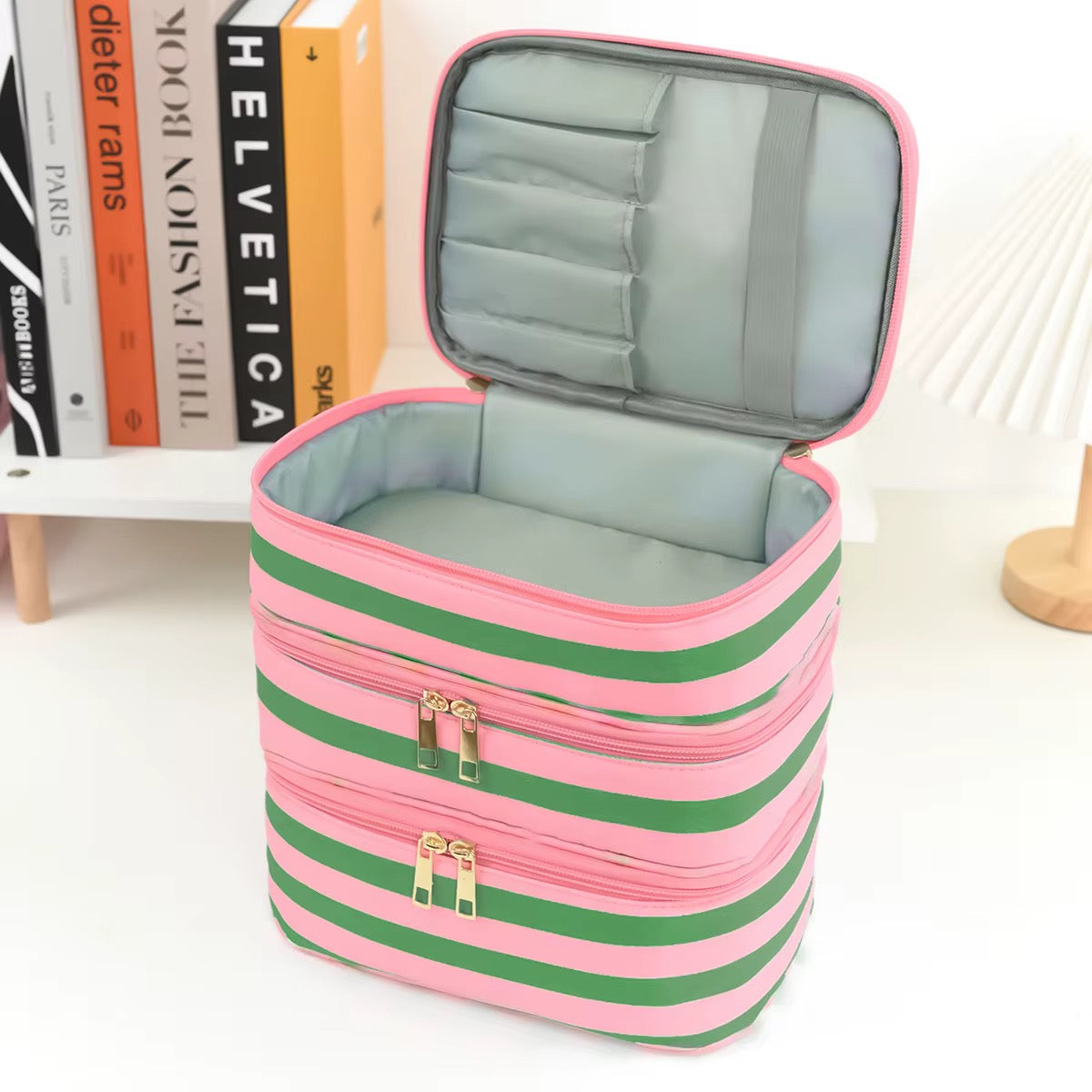 Striped Makeup Multi-Zipper Bag *PRE ORDER*
