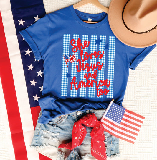 She Loves Jesus and America Too Gingham Stripes Tee