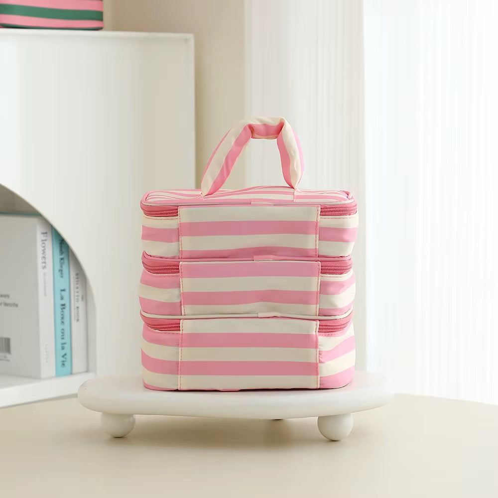 Striped Makeup Multi-Zipper Bag *PRE ORDER*