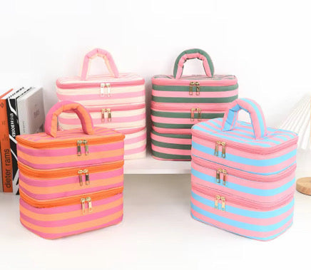 Striped Makeup Multi-Zipper Bag *PRE ORDER*