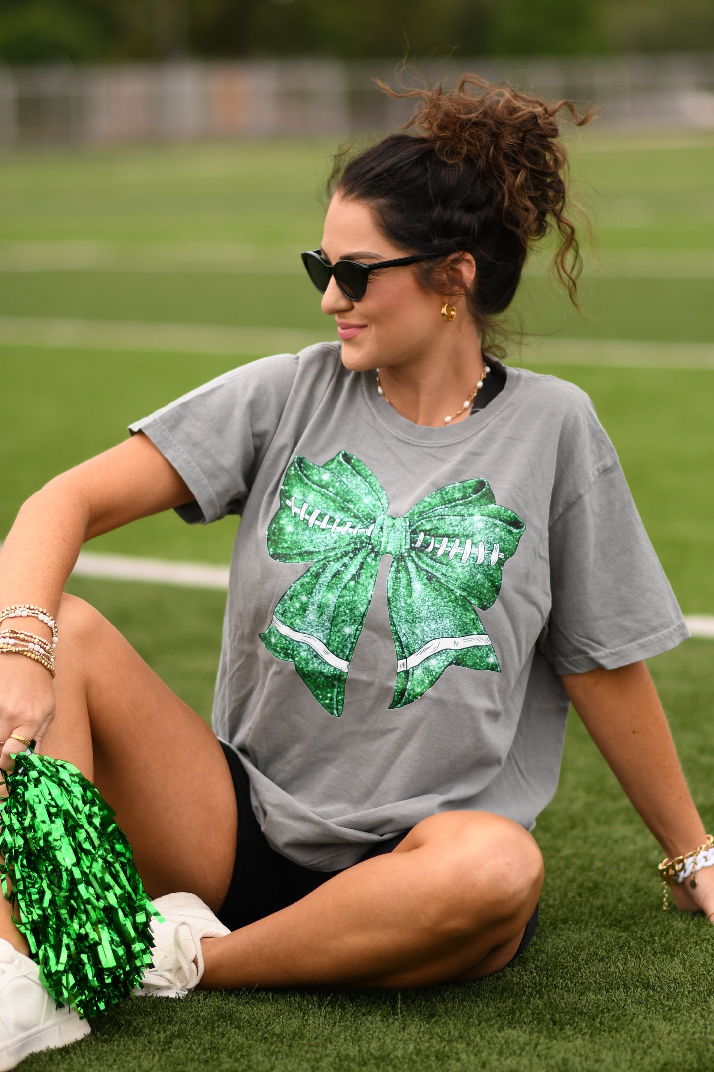 Green Faux Glitter Football Bow