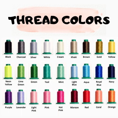 Color chart of thread colors with corresponding labels on a white background